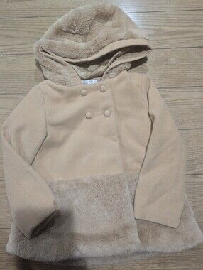 Max Studio Girls Tan Faux-Fur Trim Hooded Pea Coat